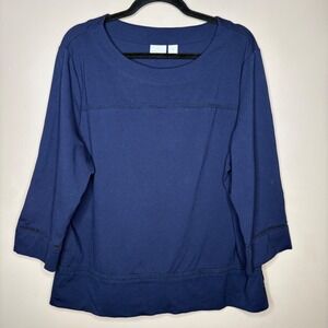 Chicos Navy Blue Boat Neck 3/4 Sleeve Top Ladder Stitch Detail Sz 3/XL